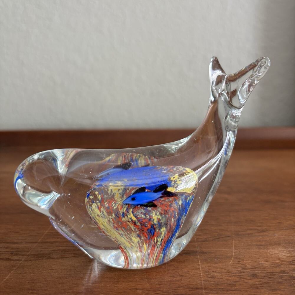 Art Glass Paperweight Clear Whale with Multi Color Fish Inside Dopamine Colors